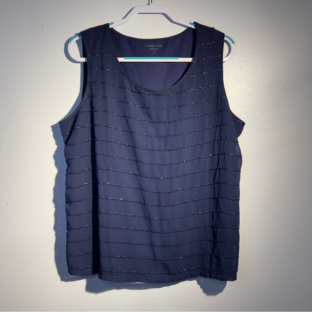 Coldwater Creek XL 16 Navy Blue Sleeveless Tank Top Beaded Stripes